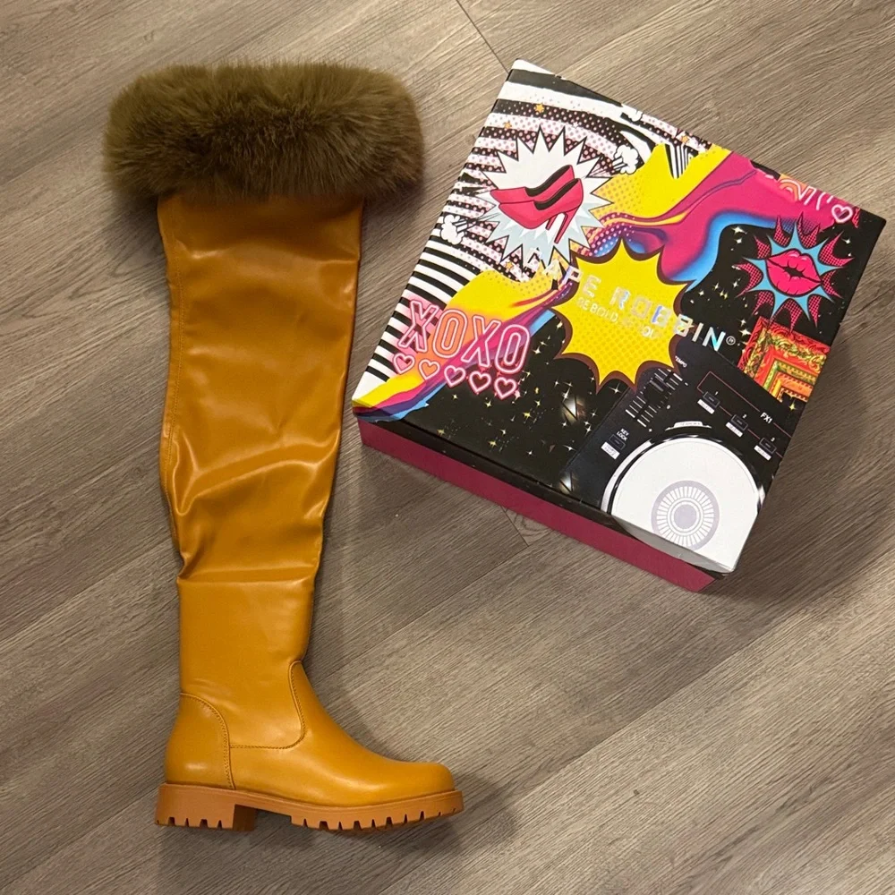 Cape Robbin ❣️Meghani Fur-Coated Over-the-Knee Boots - Tan Sz 5 ❣️BRAND NEW ❣️
